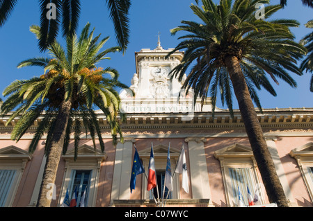 Palmen vor dem Rathaus Ort Marechal Foch, Ajaccio, Korsika, Frankreich Stockfoto