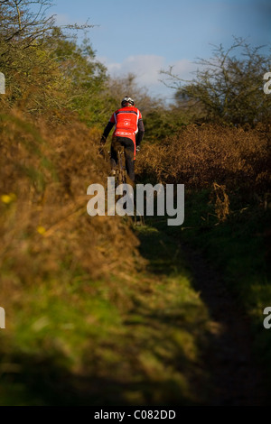 Mountainbiker reitet eine Spur von Schmutz im Vereinigten Königreich Stockfoto