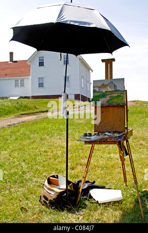 Kunstunterricht malen, Staffelei, Leuchtturm, Künstlerkolonie, Küste von Monhegan Island, Maine, New England, USA Stockfoto