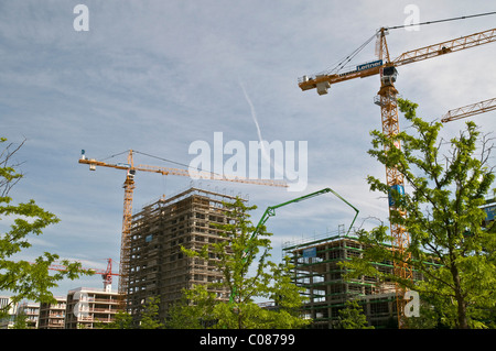 Neubau Bürogebäude und Wohnungen, Bauphase, mit Kränen, bin Bezirk Arnulfpark, München Stockfoto