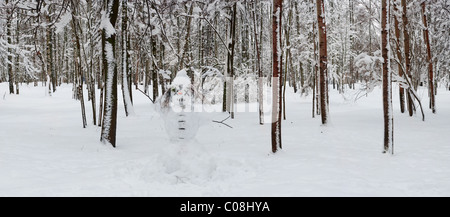 Der Schneemann ansehen unter den Bäumen im Winter park Stockfoto