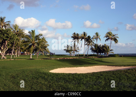 Ein Blick auf das 17. Loch im Waialae Country Club in Honolulu, Oahu, Hawaii. Stockfoto
