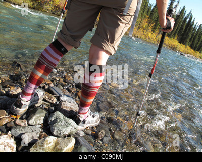 Weibliche Wanderer mit Stöcken kreuzt Windy Creek entlang der Wallfahrtskirche Flusspfad im Denali National Park, Alaska Interior Stockfoto