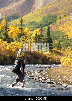 Männliche Wanderer mit Stöcken kreuzt Windy Creek entlang der Wallfahrtskirche Flusspfad im Denali National Park, Alaska Interior Stockfoto