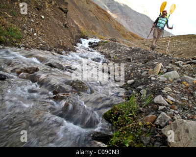 Weibliche Backpacker mit einem Packraft entlang einem Bach und Trail zu den Quellflüssen des Heiligtums River, Alaska Interior, Herbst Stockfoto