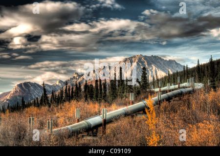 Blick auf die Trans-Alaska-Pipeline Wicklung neben Dalton Highway in der Brooks Range nördlich von Sukapak Berg, Alaska, HDR Stockfoto