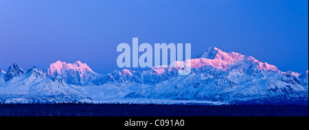 Panorama der Sonnenaufgang über dem Mt. McKinley und die Alaska Range, Denali State Park, Yunan Alaska, Winter Stockfoto