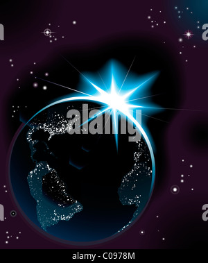 Die Sonne über Nacht Zeit Planeten Erdkugel mit Citylights Stockfoto Die Sonne über Nacht Zeit Planeten Erdkugel mit Citylights Stockfoto