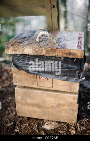 Nahaufnahme von Hand gemacht aus Holz Mülleimer im Bergpark, mit extrem flachen DOF. Stockfoto