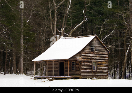 Carter schirmt Kabine und Neuschnee in Cades Cove im Nationalpark Great Smoky Mountains in Tennessee Stockfoto