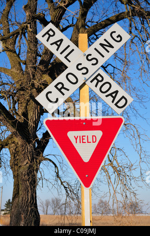 Eine ländliche Bahnübergang nur mit Schildern vor einem knorrigen alten Baum in der Landwirtschaft Land in Illinois sitzen gekennzeichnet. USA. Stockfoto