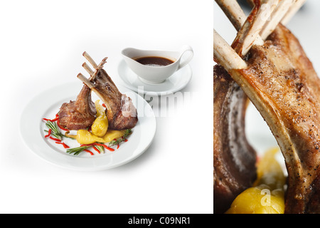 Hammelfleisch auf weißen Teller mit Gemüse und beitragsfrei für Menü Restaurantessen Stockfoto