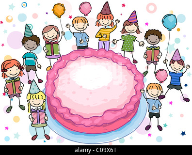 Beispiel für einen Geburtstag Doodle mit Kids rund um einen großen Kuchen Stockfoto