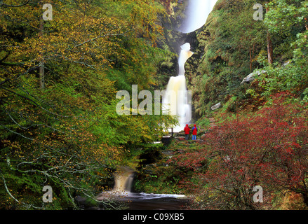 Wanderer am Pistyll Rhaeadr Wasserfall in der Nähe von Welshpool, Powys, Wales, UK Stockfoto