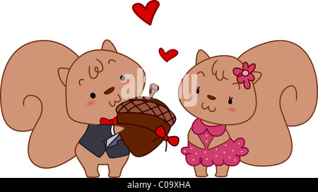 Beispiel für einen männlichen Eichhörnchen geben eine weibliche Eichhörnchen eine Eichel Stockfoto