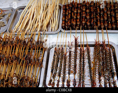 Strong Sprachdesigns Teilnehmer Schlucht auf Spinnen und andere großen Insekten bei einem Wettessen in Guizhou, China. Der Gewinner ist der Stockfoto