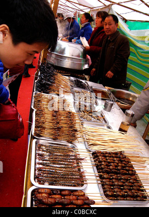 Strong Sprachdesigns Teilnehmer Schlucht auf Spinnen und andere großen Insekten bei einem Wettessen in Guizhou, China. Der Gewinner ist der Stockfoto