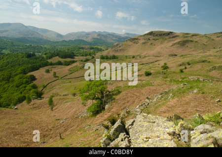 Von Todd cragg am südlichen Rande des loughrigg fiel, Aussicht über den Fluss Brathay Tal.. Cumbria, Großbritannien. in den Lake District. Stockfoto