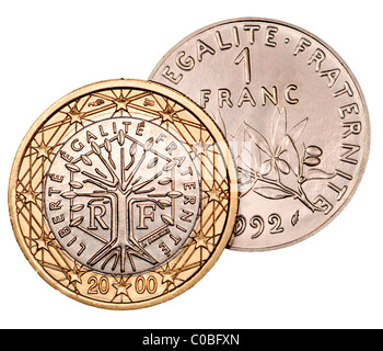 Französisch 1-Euro-Münze von 2000 und 1 Franken Münze von 1992 Stockfoto
