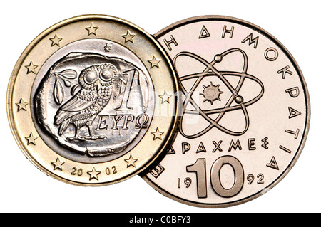 Griechischen 1-Euro-Münze von 2002 und 10 Drachme Münze von 1992 Stockfoto