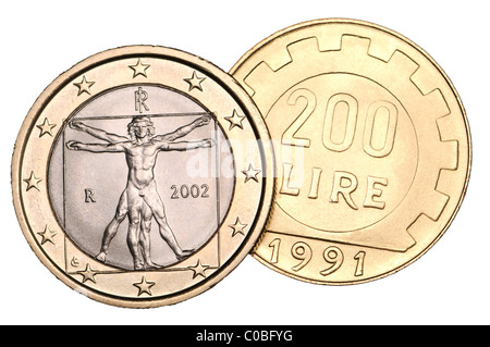 Italienischen 1-Euro-Münze von 2002 und 200 Lire Münze aus 1991 Stockfoto