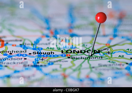 London über eine Karte Pin angezeigt. Stockfoto