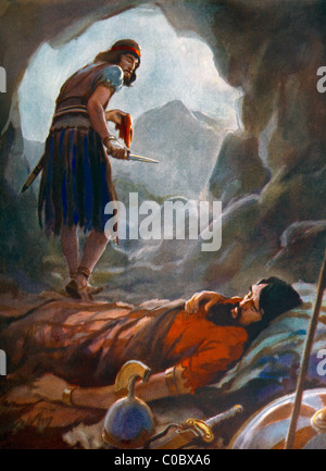 Illustration von David, der ein Stück von König Sauls Gewand abschneidet, während er in einer Höhle schlief ( Samuel ) Gemälde von Henry Coller Stockfoto