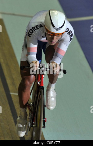 Jae Jang (Korea) die Sonne. Mens-individuelle Verfolgung. UCI-Bahn-WM. Manchester Velodrome Stockfoto