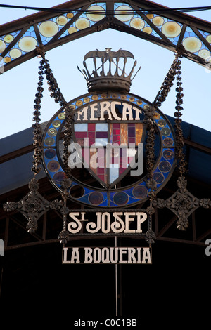 Eingangsschild zum St. Josep la Boqueria-Markt in Barcelona, Katalonien, Spanien Stockfoto