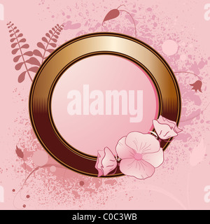 reich verzierte gold Grenze auf einem rosa Hintergrund mit Blumen, Farnen und grunge Stockfoto