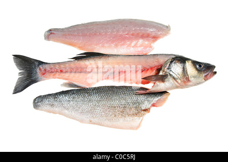 Fischfilet und Filets isoliert auf weiss Stockfoto