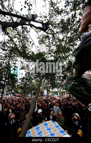 * Rettung Versuch Feuerwehrleute in China haben eine 70 Jahre alte Frau aus einem Baum gerettet.  Das "bellen" verrückten Rentner skaliert die Stockfoto