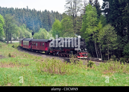 Harzer Schmalspurbahnen Dampfzug für Nordhausen verlassen Drei Annen Hohne im Harz Mountains Region Deutschland Stockfoto