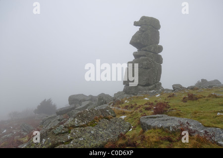 Die Bowerman Nase, Dartmoor im Winternebel. Stockfoto