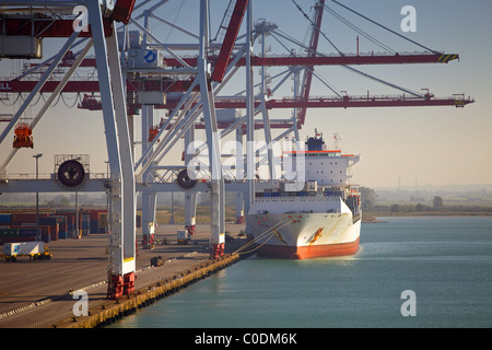 Ein Containerschiff festgemacht und bereit zum Abladen auf ein Container-terminal Stockfoto