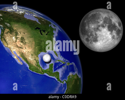 Illustration von Enceladus vor der Erde und neben Erdmond. Stockfoto