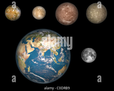 Künstlers Konzept der vier größten Satelliten Jupiters angelegt über der Erde und es ist Mond. Stockfoto