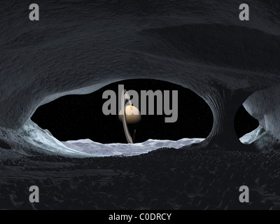 Konzept des Künstlers, wie vielleicht Saturn innerhalb einer hypothetischen Eishöhle auf Iapetus zu entnehmen. Stockfoto