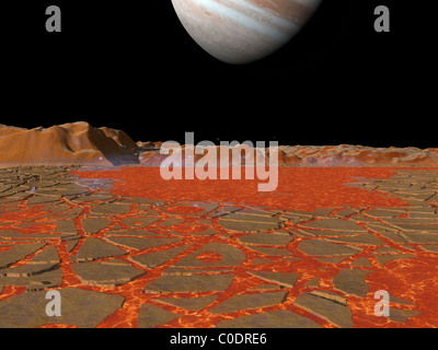 Künstlers Konzept einer Ansicht über einen Pool von Lava an der Oberfläche von Io, in Richtung Jupiter. Stockfoto