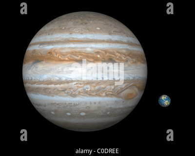 Künstlers Konzept einen Vergleich der Größe des Gases riesigen Jupiter mit der Erde. Stockfoto