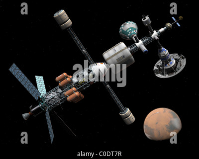 Eine bemannte Mars-Cycler-Raumstation nähert sich dem Planeten Mars. Stockfoto