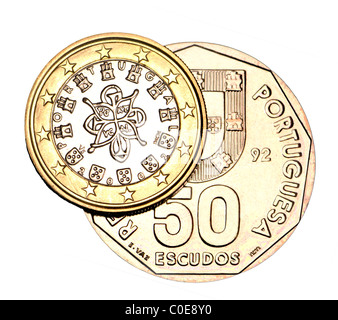 Portugiesisch-1-Euro-Münze und Pre-50 Escudos Euromünze von 1992 Stockfoto