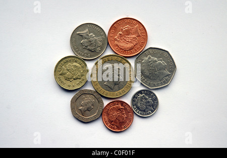 Britische Pfund Sterling Münzen von 1 Cent bis Pfund Stockfoto