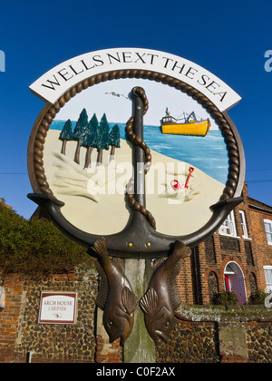 Zeichen für die Stadt von Wells-Next-the-Sea an der Küste von Norfolk. Stockfoto