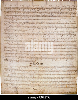 Artikel III-IV der US-Verfassung - original handschriftliche Kopie auf Pergament das oberste Gesetz der Vereinigten Staaten 1787 Stockfoto