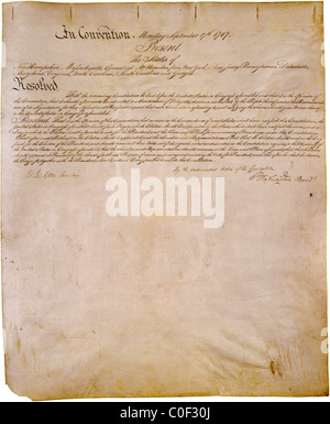 Die Seite der Übermittlung der US-Verfassung - original handschriftliche Kopie auf Pergament - nahm am 17. September 1787 Stockfoto