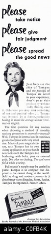 Anzeige in 1950er Jahren amerikanische Zeitschrift für sanitäre TAMPAX tampons Stockfoto