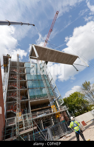 Betreiber halten Seile Kran heben auf Baustelle zu führen. Stockfoto