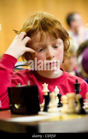 Schuljunge im Alter von 7 spielen in einem Schachturnier in Wales UK Europe Stockfoto