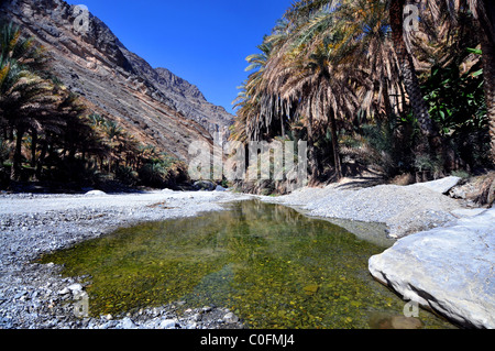 Wadi Bani Kharus, Oman mit Wasser links vom Regenzeit. Das Sultanat von Oman. Stockfoto